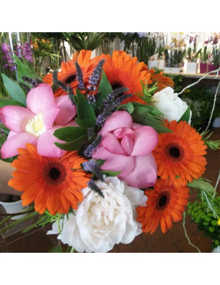 lotus flowers, white peonies, orange germs and spikes of flowering